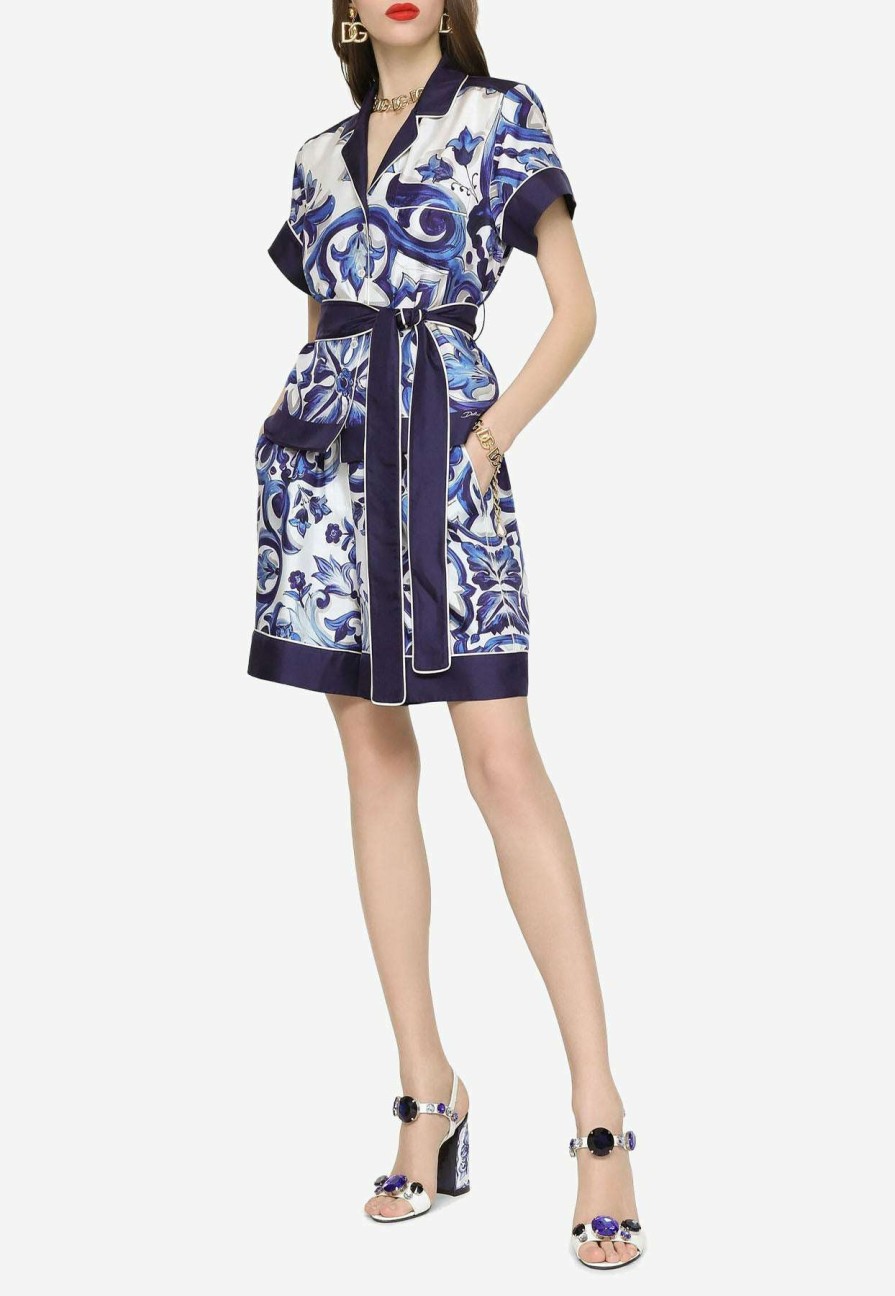 Shorts * | Dolce & Gabbana Majolica Print High-Waist Silk Twill Shorts Blue