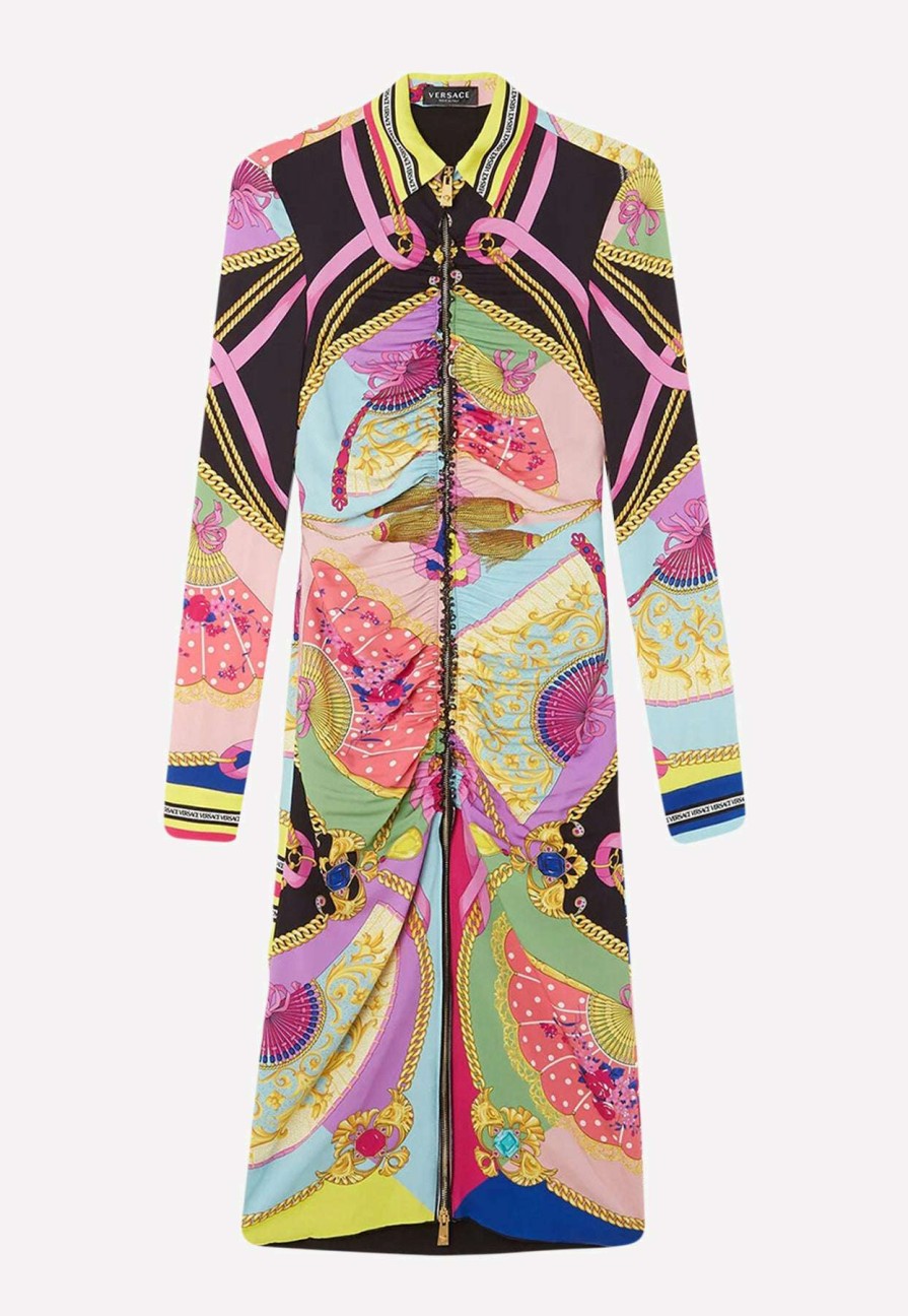 Dresses * | Versace Signature Print Midi Shirt Dress In Silk Multicolor