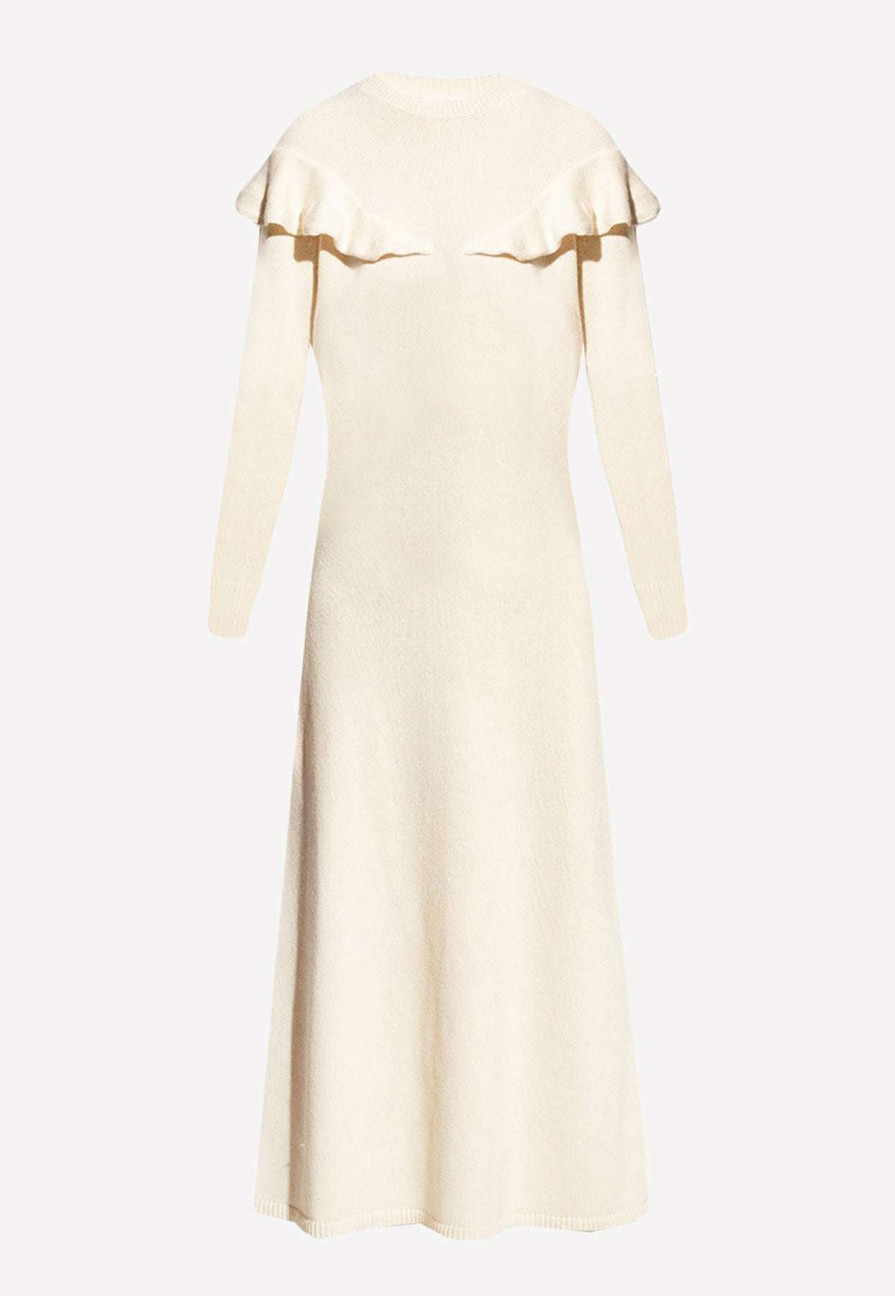 Dresses * | Chloe Ruffled Yoke Knitted Wool Midi Dress White