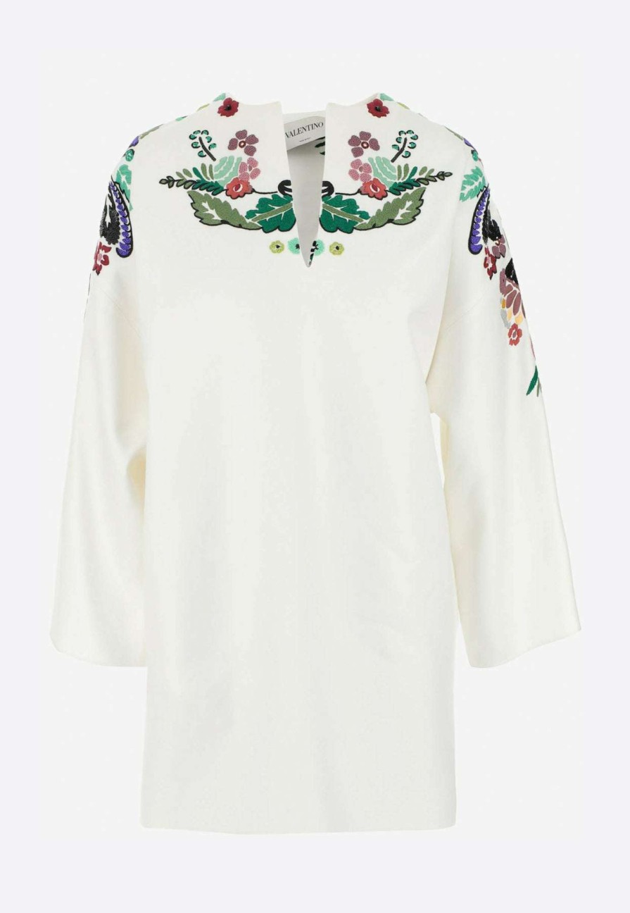 Dresses * | Valentino World Arazzo Embroidered Kaftan Dress In Double Splittable Gabardine- Delivery In 3-4 Weeks White