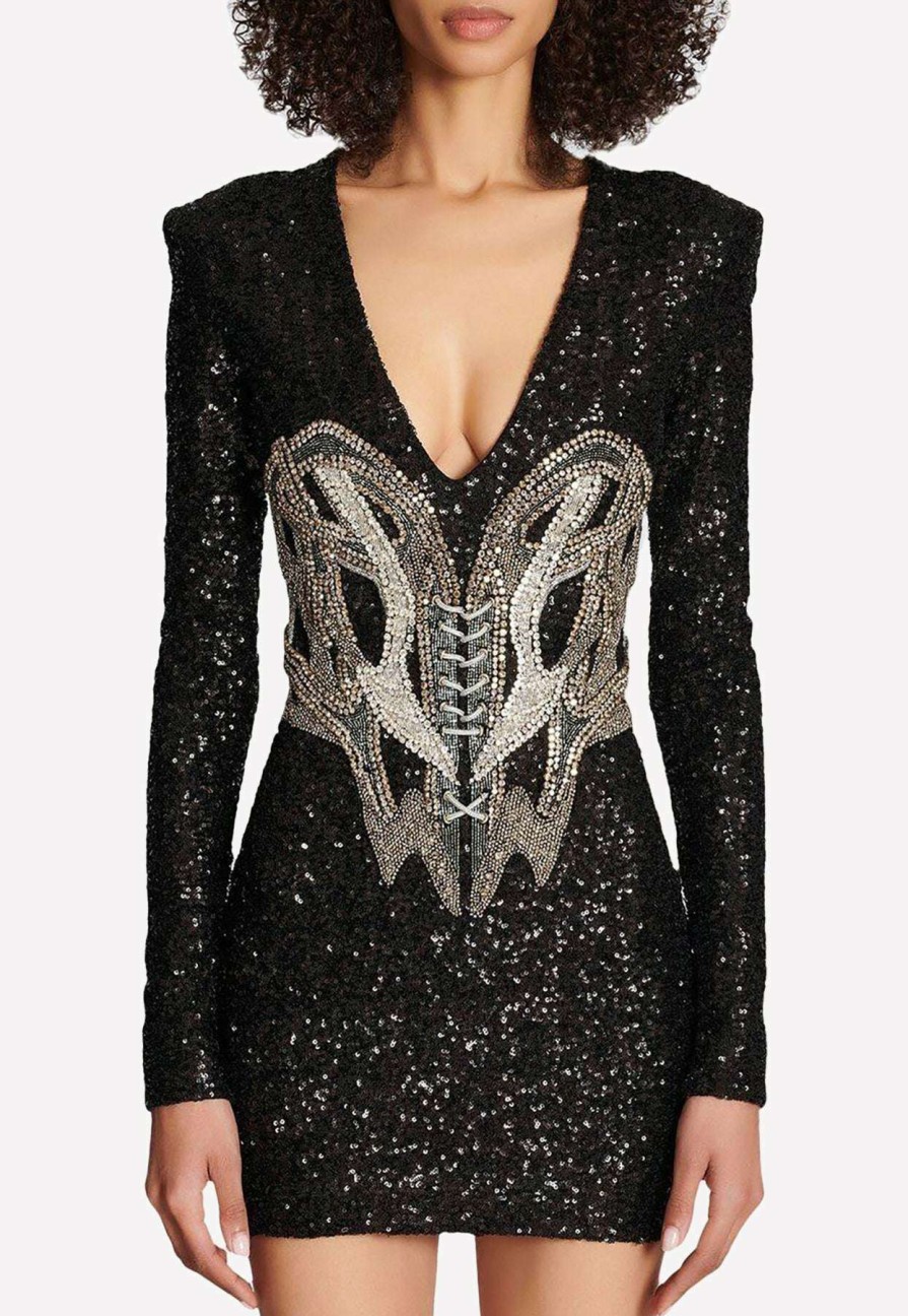 Dresses * | Balmain Embroidered Mini Dress Black