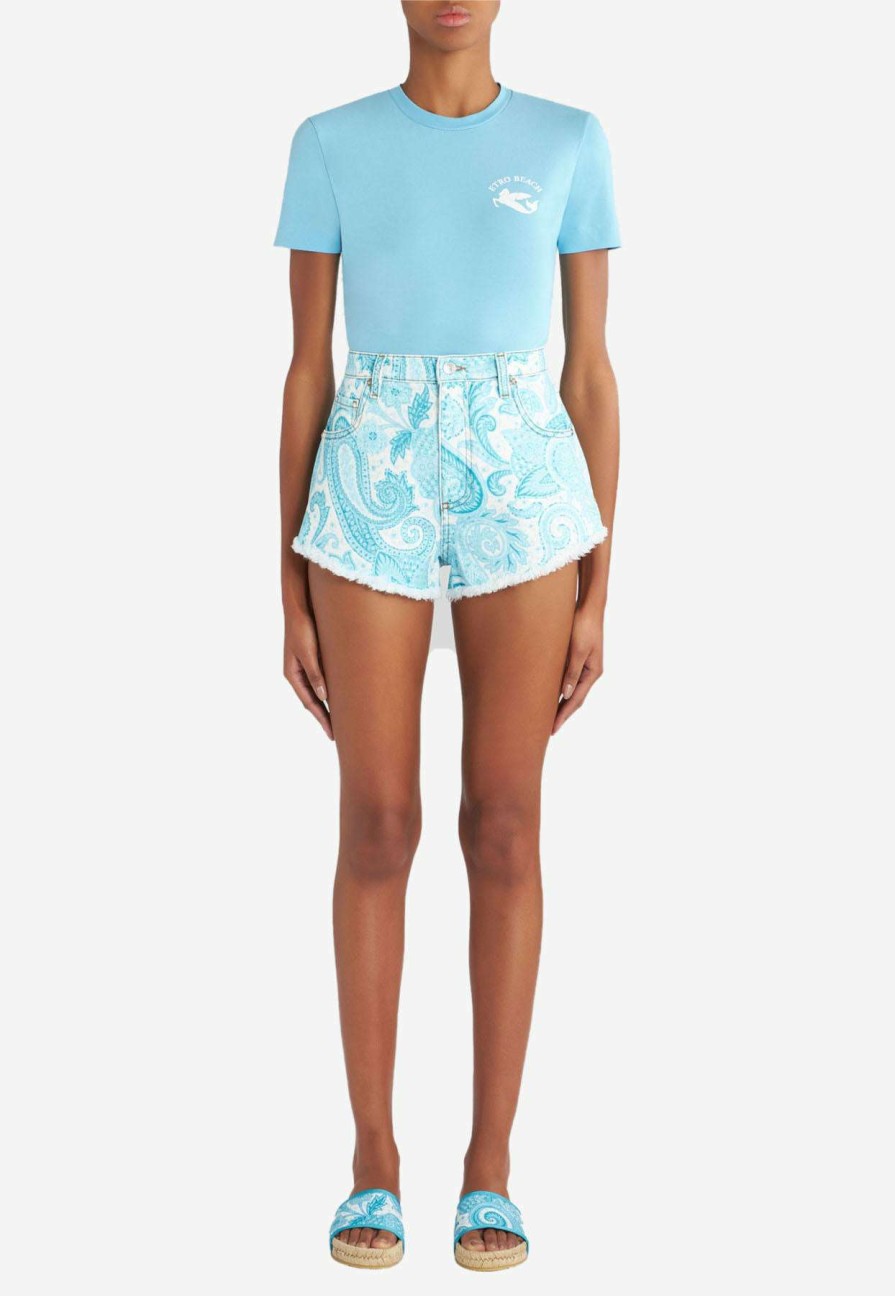 Shorts * | Etro High-Waist Paisley Print Mini Shorts Blue