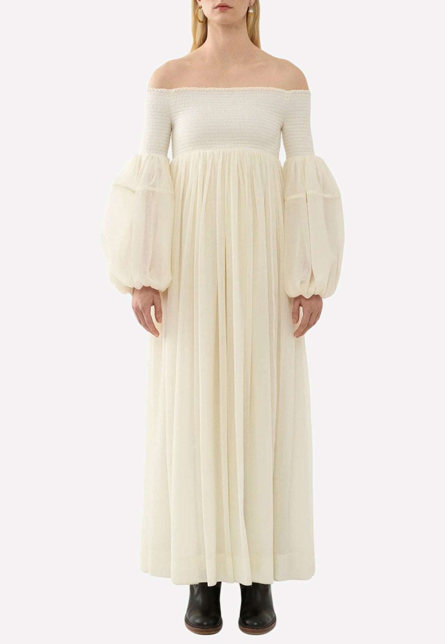 Evening * | Chloe Off-Shoulder Wool Maxi Dress Off-White