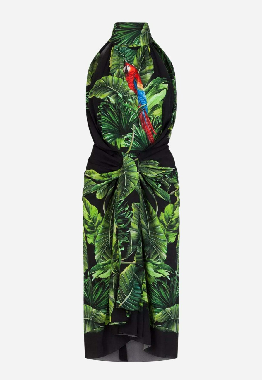 Evening * | Dolce & Gabbana Tropical Jungle Print High-Neck Midi Dress Multicolor