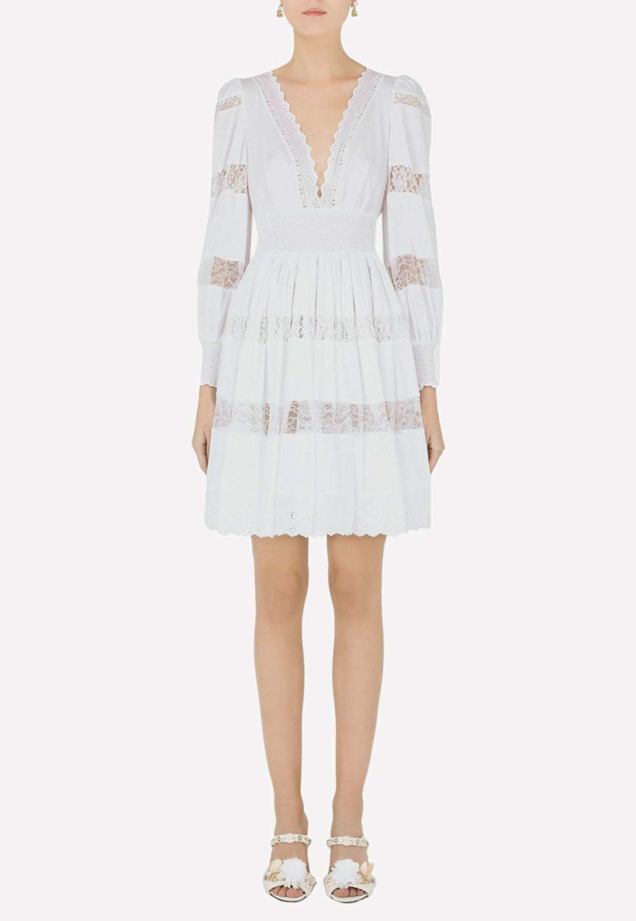 Evening * | Dolce & Gabbana Poplin Mini Dress With Lace Details White