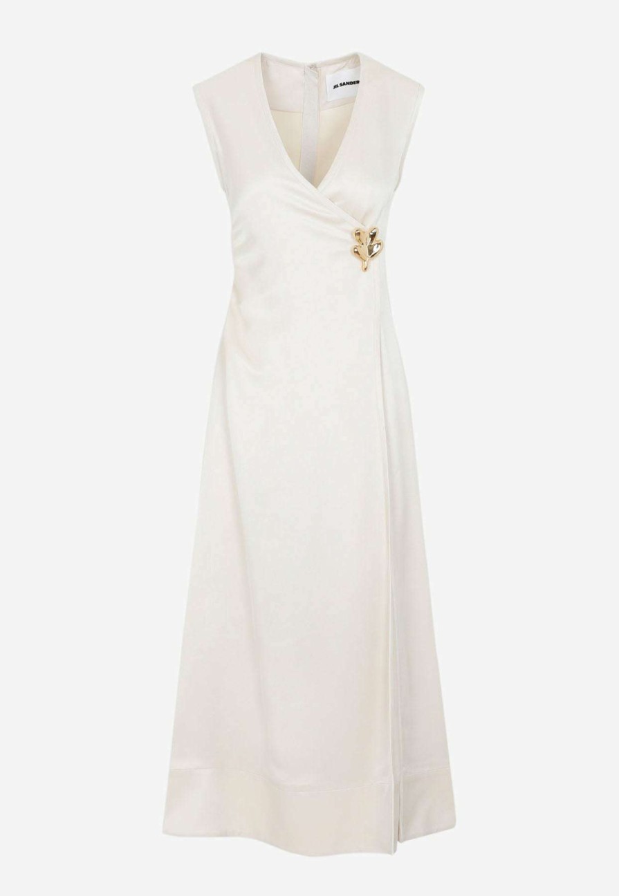 Evening * | Jil Sander Gold Leaf Midi Wrap Dress Vanilla