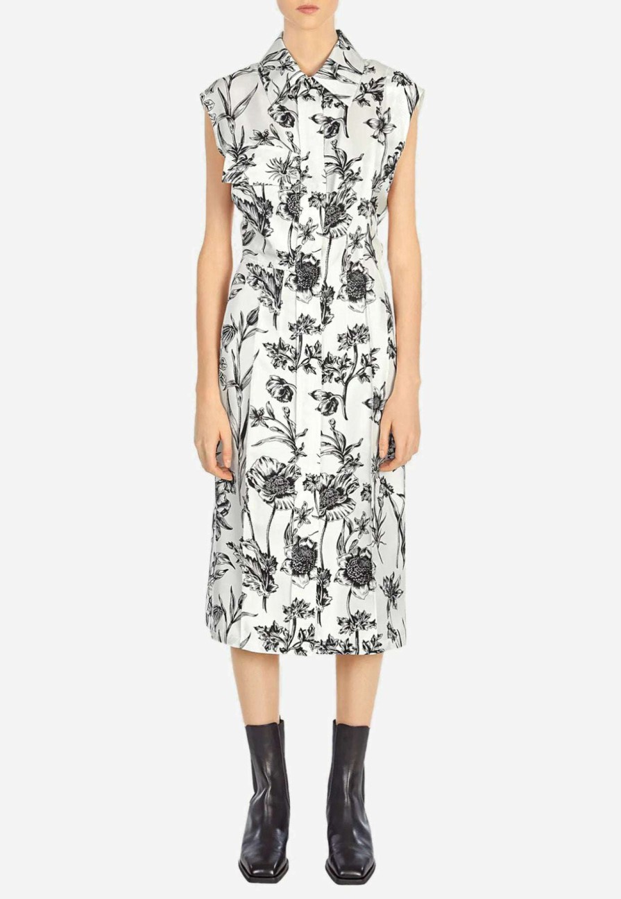 Dresses * | Salvatore Ferragamo Printed Sleeveless Midi Shirt Dress In Silk Monochrome