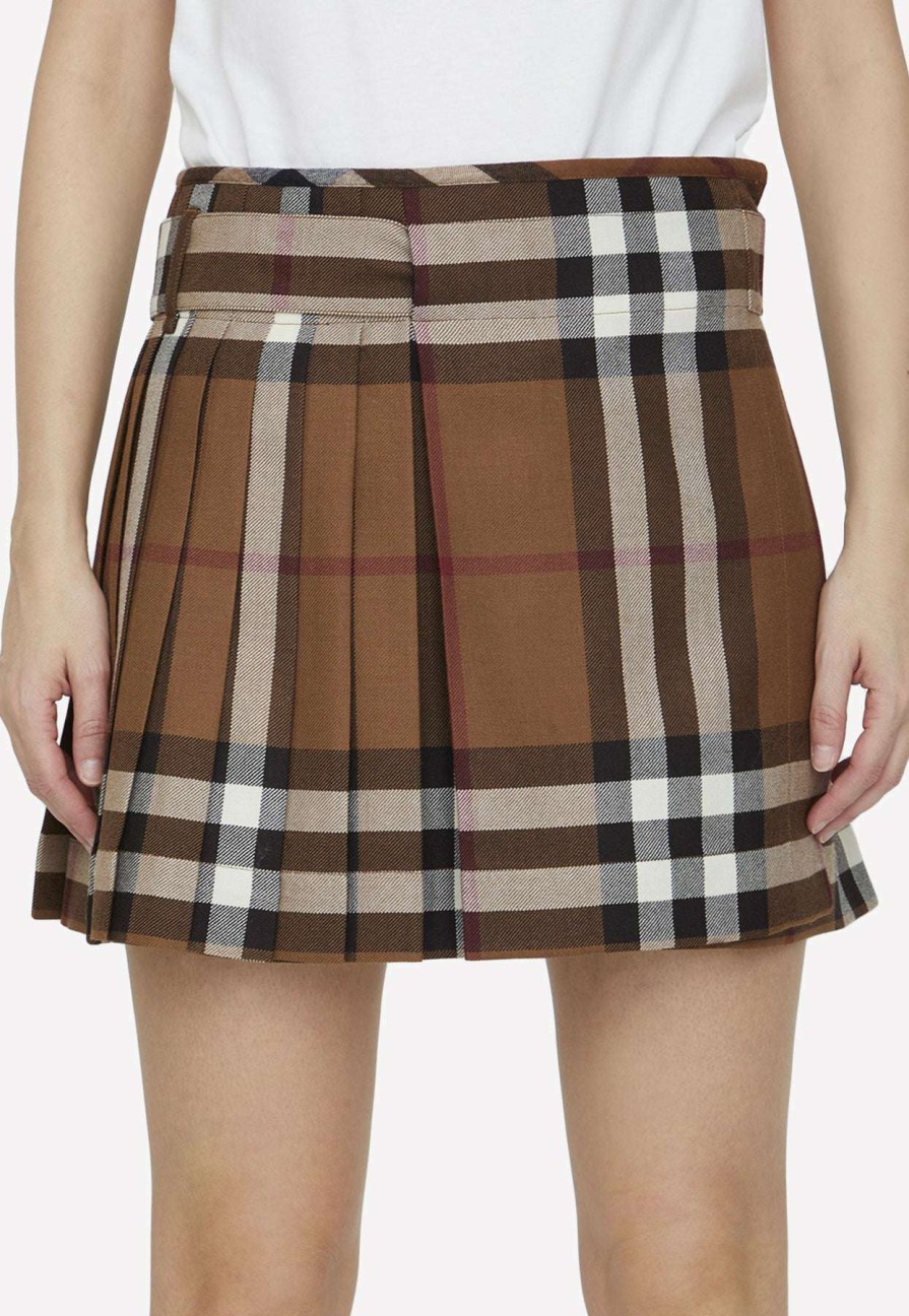 Skirts * | Burberry Check Pleated Mini Skirt In Wool Brown