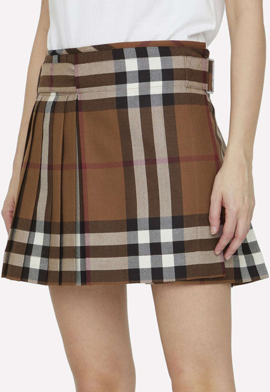 Skirts * | Burberry Check Pleated Mini Skirt In Wool Brown