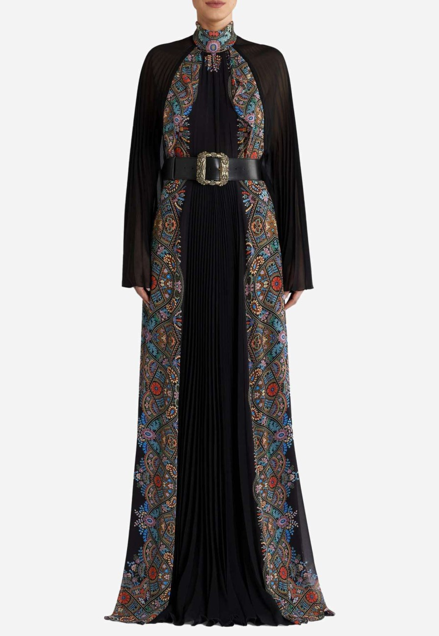 Dresses * | Etro Long Pleated Georgette Paisley Printed Maxi Dress Black