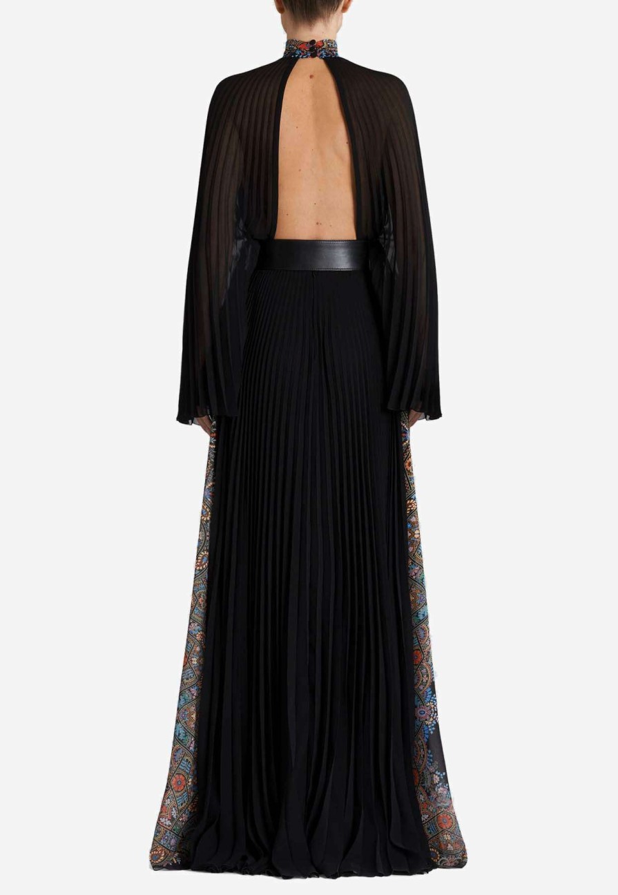 Dresses * | Etro Long Pleated Georgette Paisley Printed Maxi Dress Black