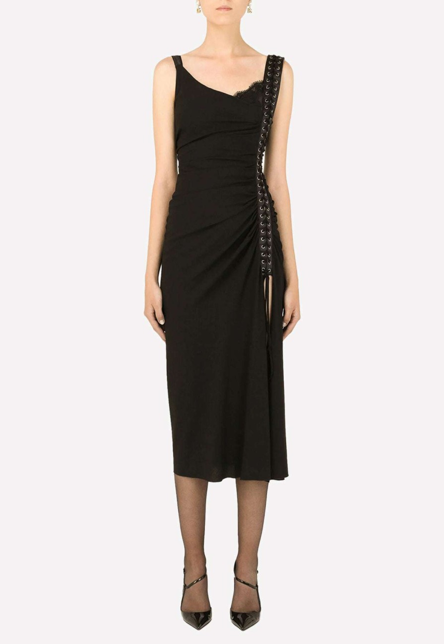 Evening * | Dolce & Gabbana Asymmetric Stretch Sable Midi Ruched Dress Black