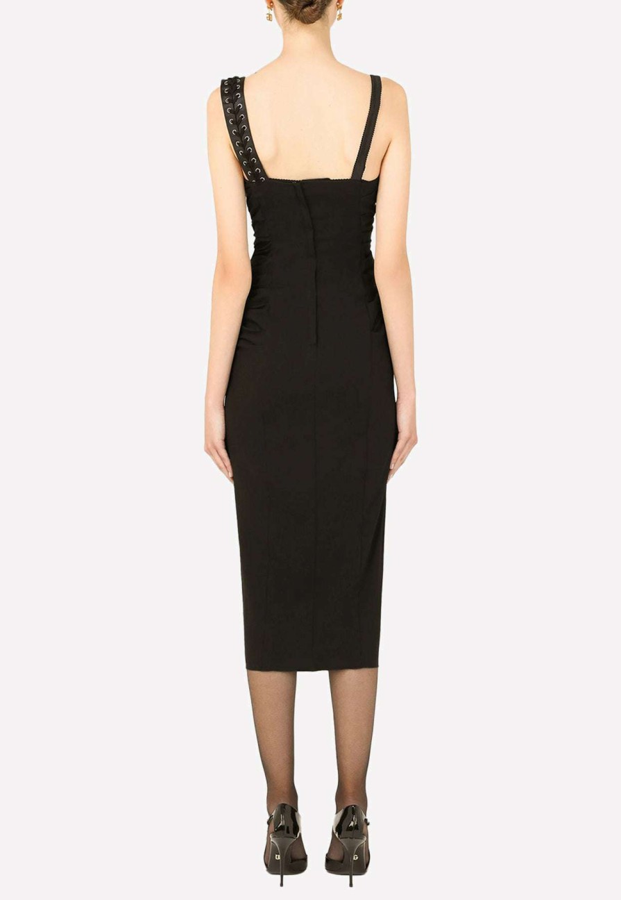 Evening * | Dolce & Gabbana Asymmetric Stretch Sable Midi Ruched Dress Black