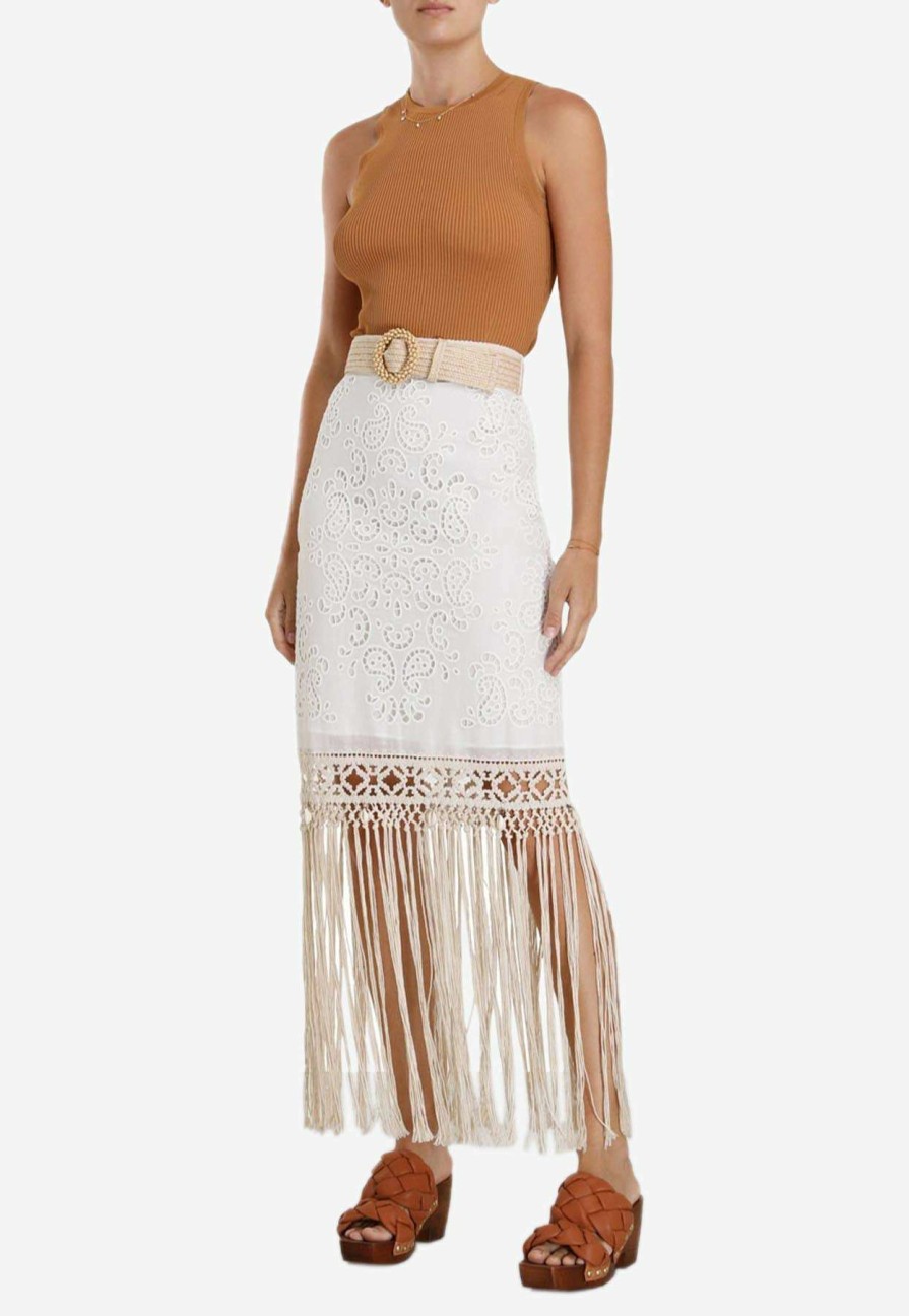 Skirts * | Zimmermann Vitali Fringe Midi Skirt Ivory