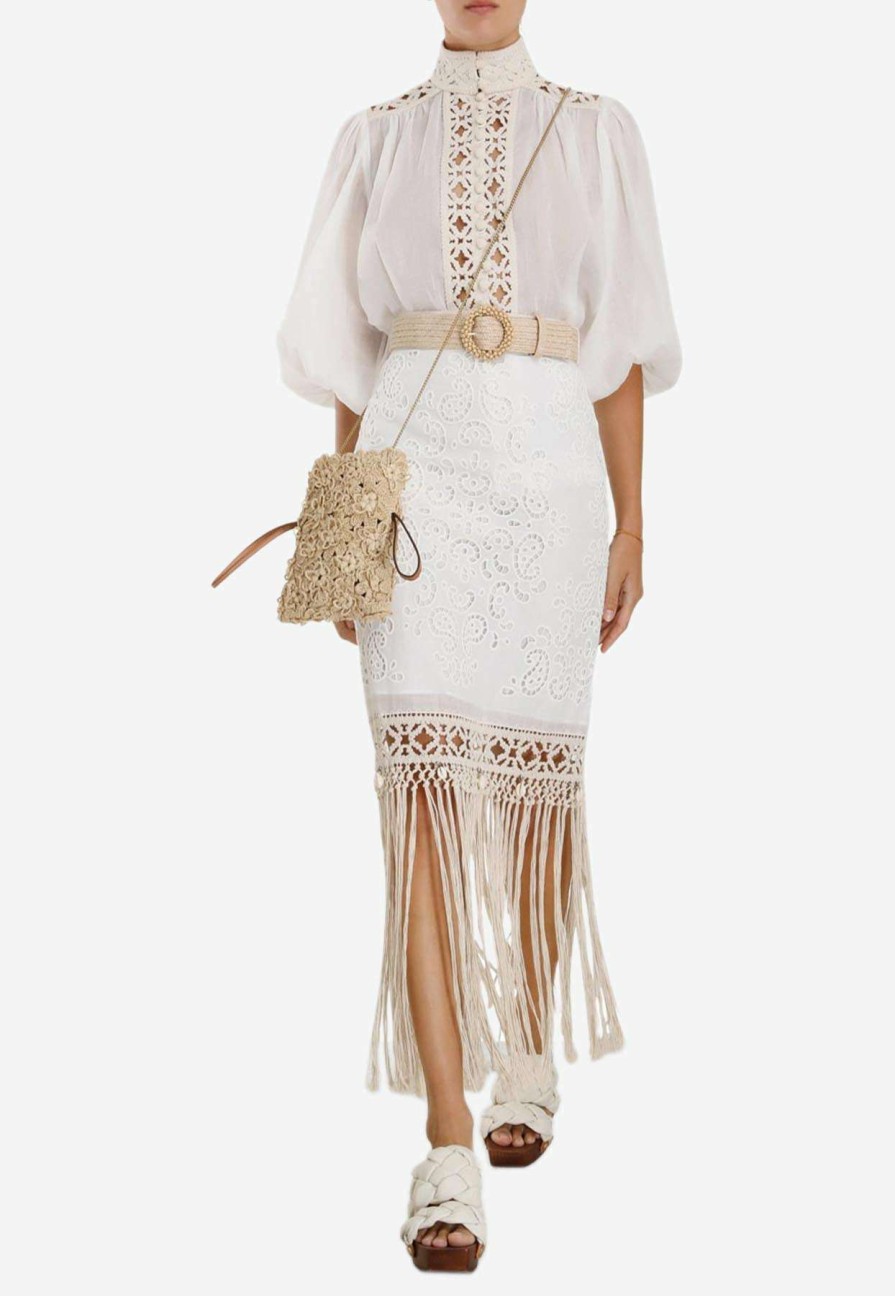 Skirts * | Zimmermann Vitali Fringe Midi Skirt Ivory