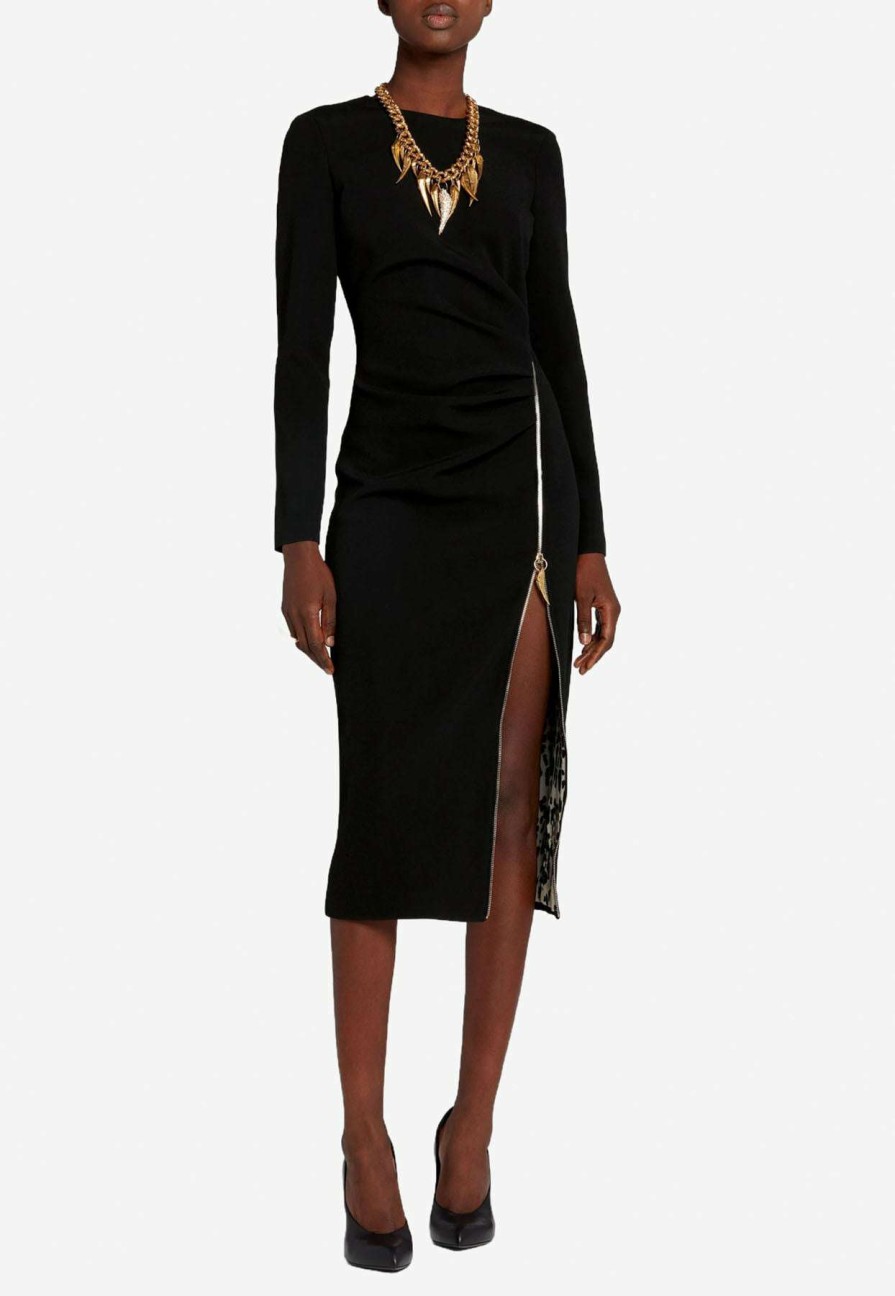 Evening * | Roberto Cavalli Tiger Tooth Zip Midi Dress Black