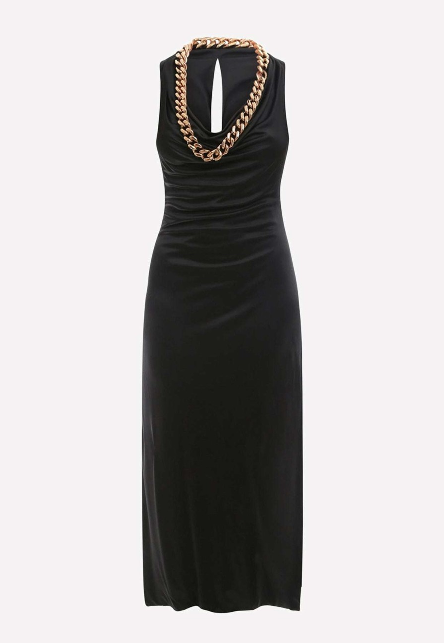 Evening * | Versace Cowl Neck Midi Dress With Woven Chain Black