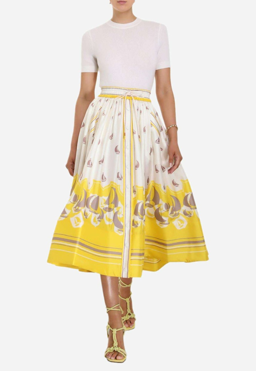 Skirts * | Zimmermann High Tide Sailbots Print Gathered Midi Skirt Multicolor