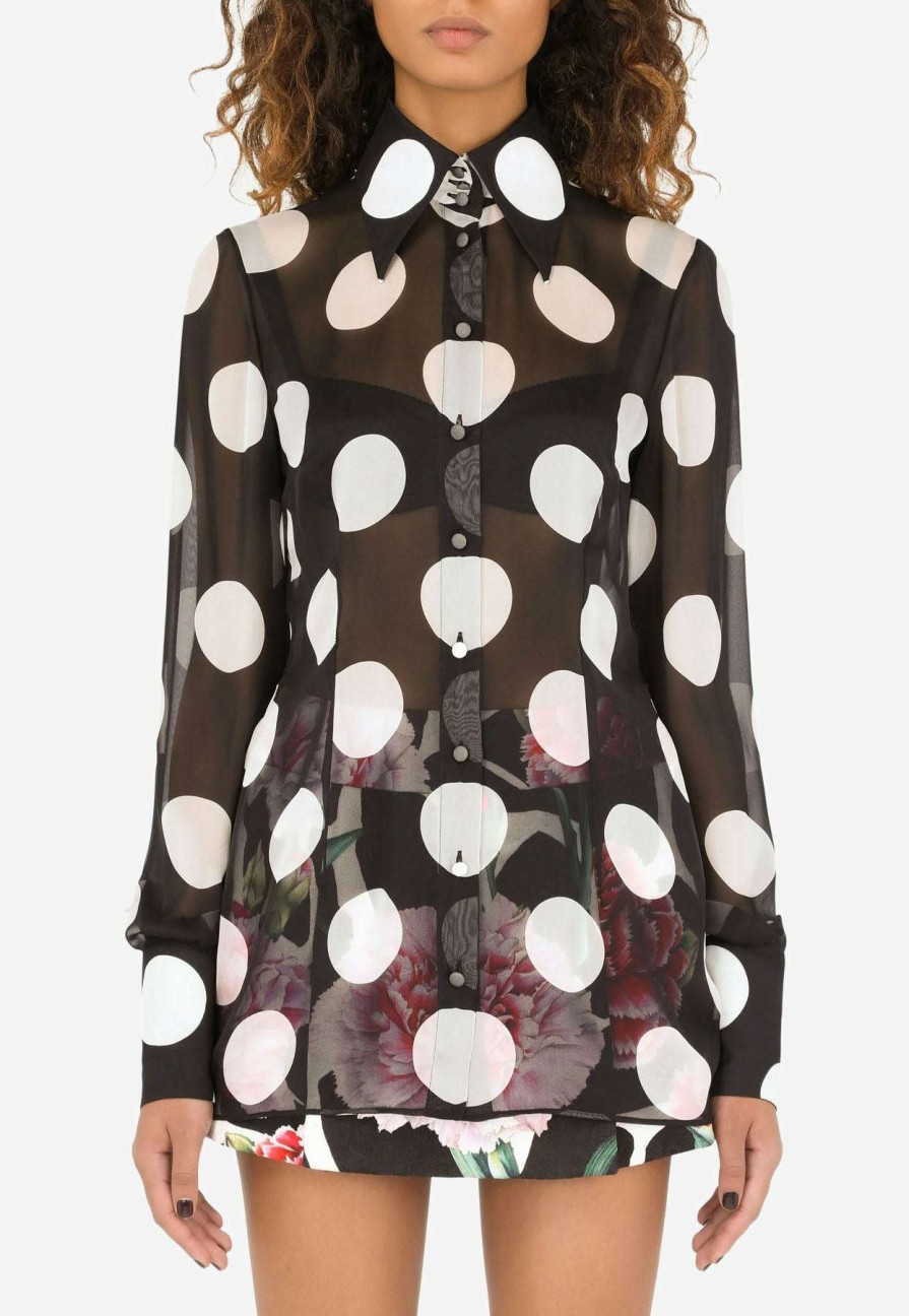 Evening * | Dolce & Gabbana Polka Dot Print Shirt In Chiffon Monochrome