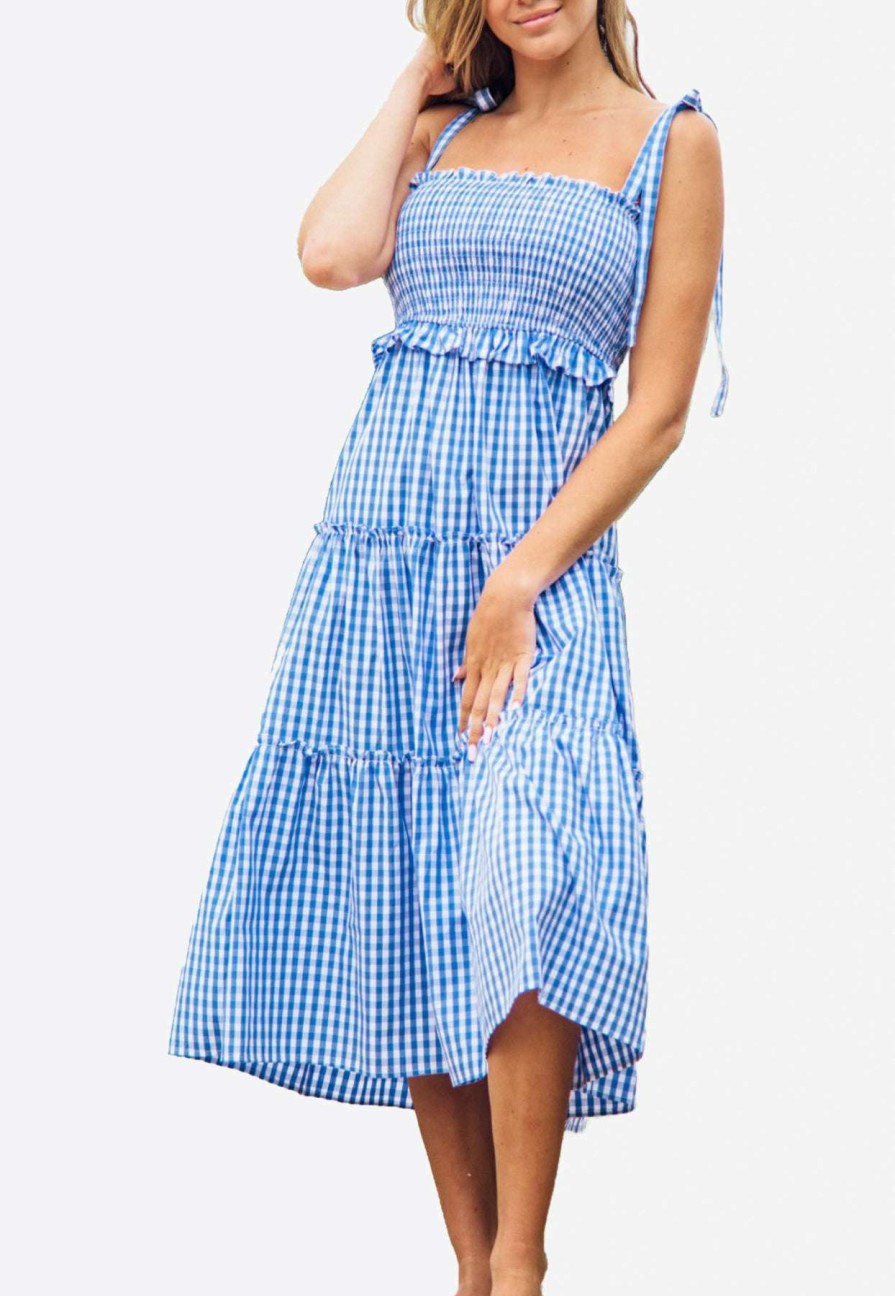 Dresses * | Les Canebiers Valensole Stripe Tiered Midi Dress In Blue Vichy Blue