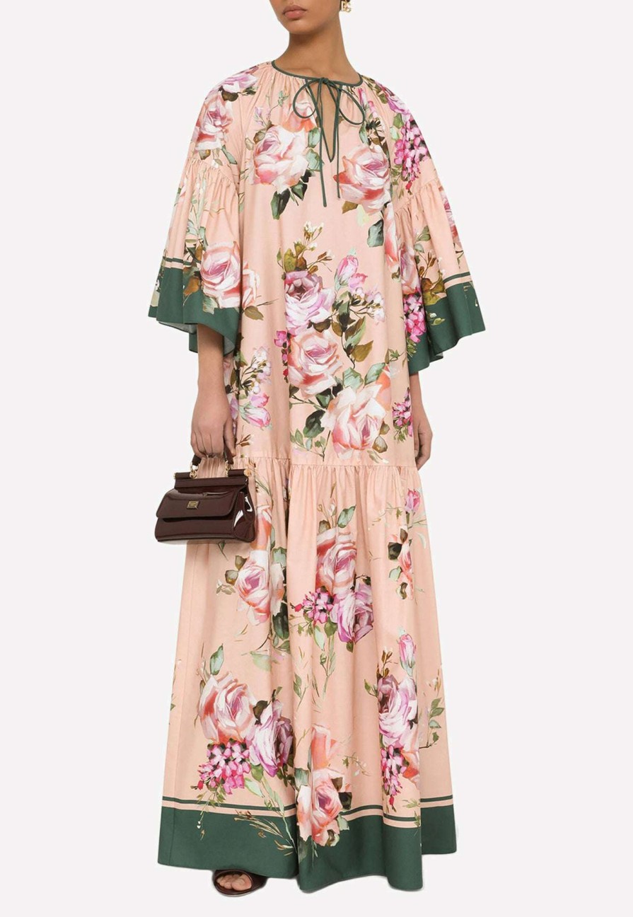 Dresses * | Dolce & Gabbana Floral Print Poplin Maxi Kaftan Pink