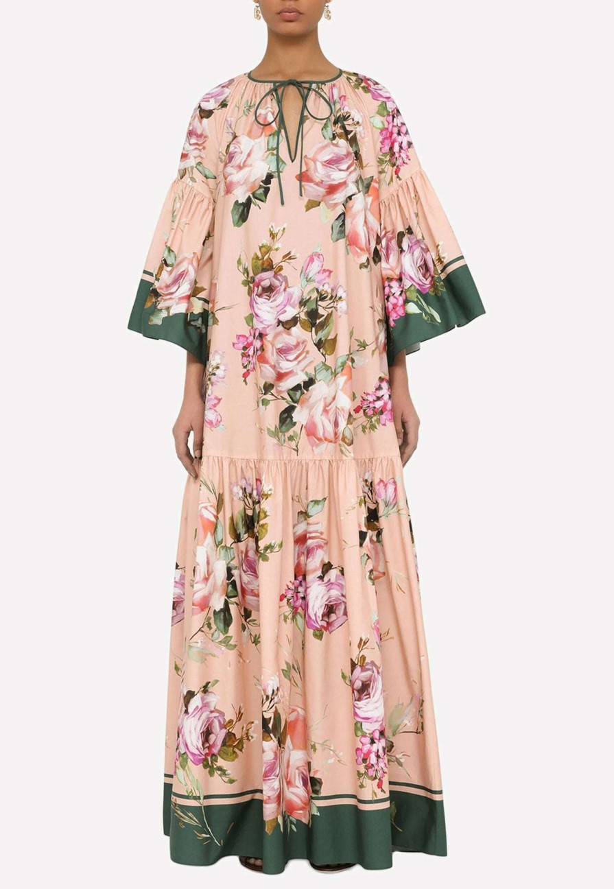 Dresses * | Dolce & Gabbana Floral Print Poplin Maxi Kaftan Pink