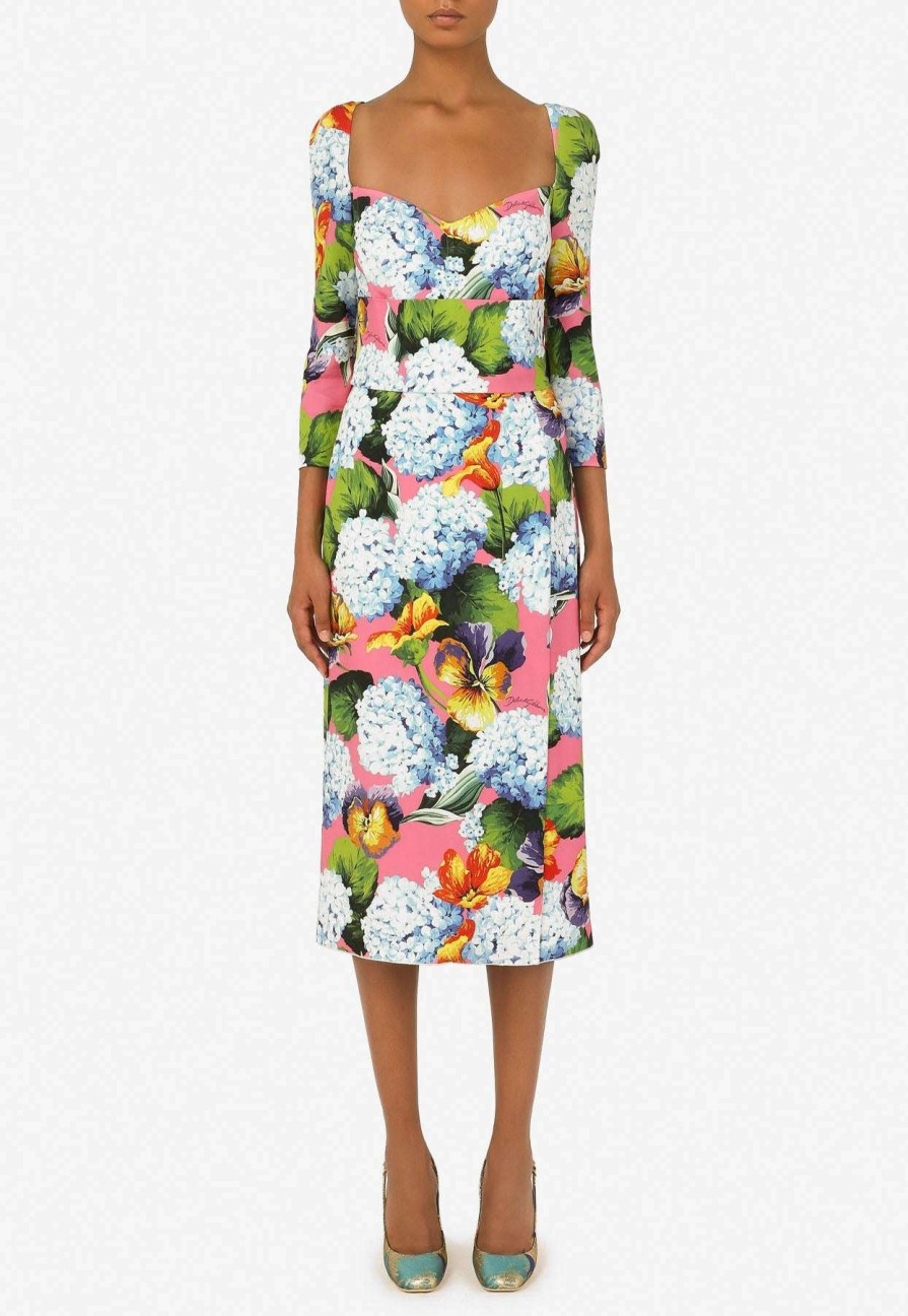 Evening * | Dolce & Gabbana Hydrangea Print Cady Midi Dress Multicolor