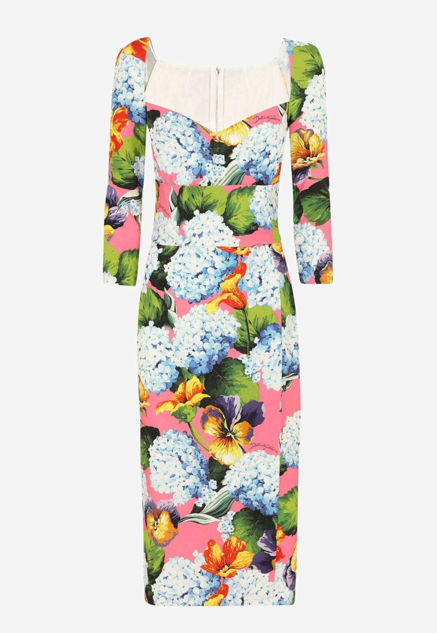 Evening * | Dolce & Gabbana Hydrangea Print Cady Midi Dress Multicolor