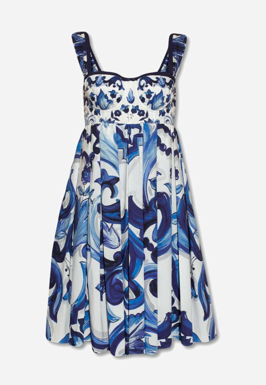 Dresses * | Dolce & Gabbana Majolica Print Bustier Mini Poplin Dress Blue