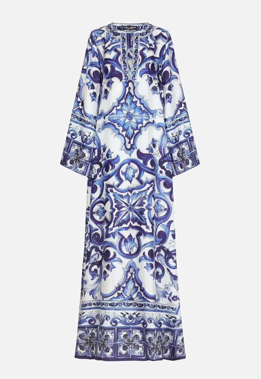 Dresses * | Dolce & Gabbana Majolica Print Long Twill Kaftan Dress Blue