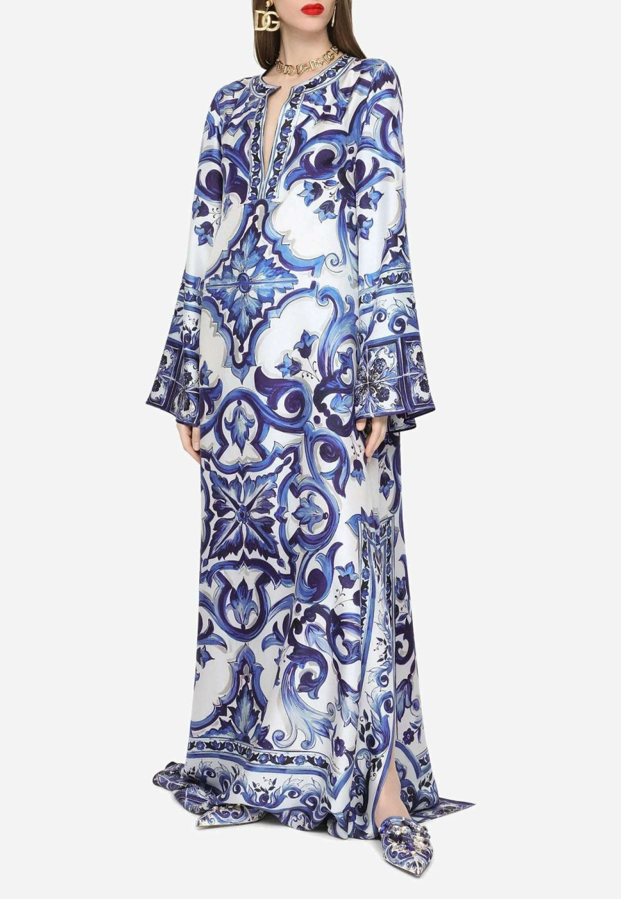 Dresses * | Dolce & Gabbana Majolica Print Long Twill Kaftan Dress Blue