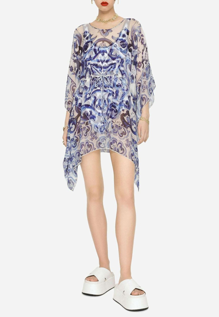 Dresses * | Dolce & Gabbana Majolica Print Chiffon Kaftan Dress Blue