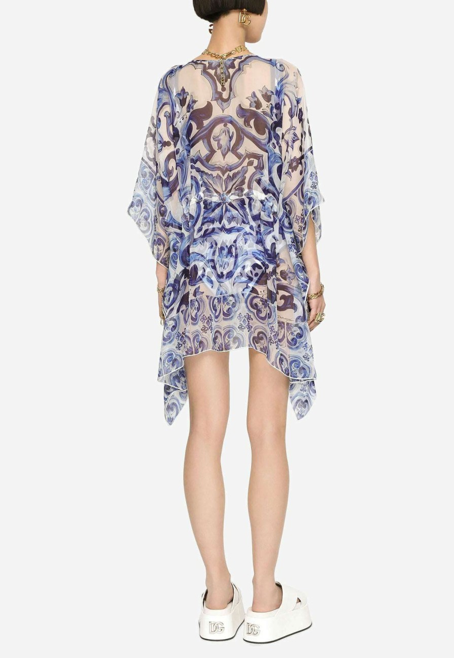 Dresses * | Dolce & Gabbana Majolica Print Chiffon Kaftan Dress Blue