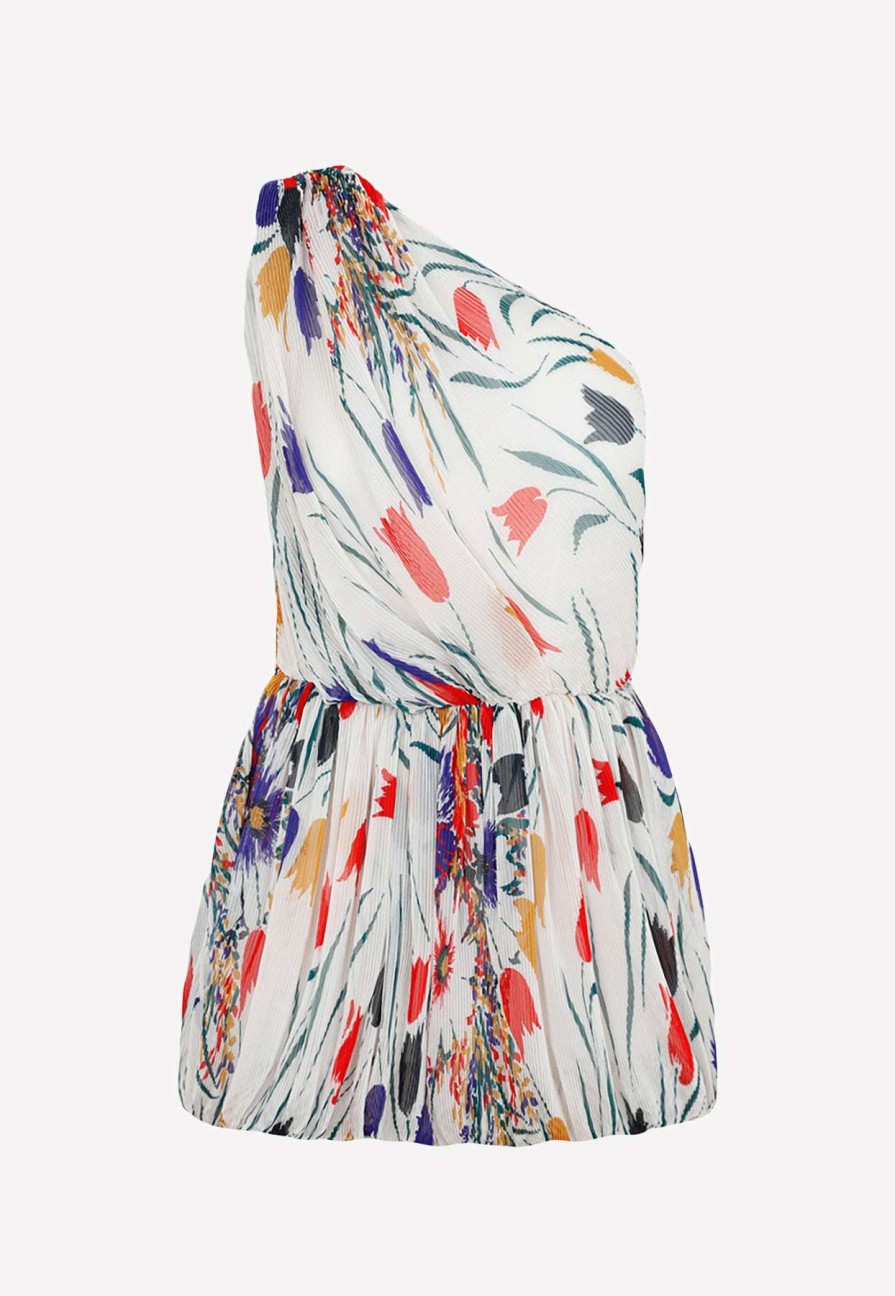 Evening * | Saint Laurent One-Shoulder Pleated Floral Mini Dress Multicolor