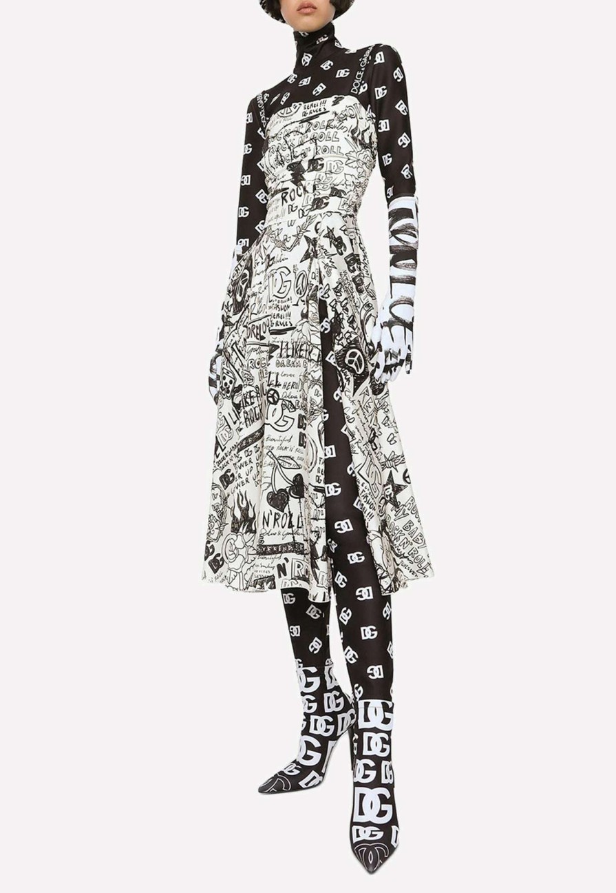 Dresses * | Dolce & Gabbana Graffiti Print Silk Charmeuse Midi Dress Monochrome