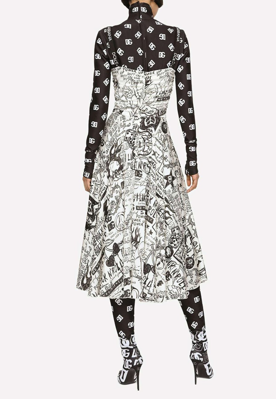 Dresses * | Dolce & Gabbana Graffiti Print Silk Charmeuse Midi Dress Monochrome