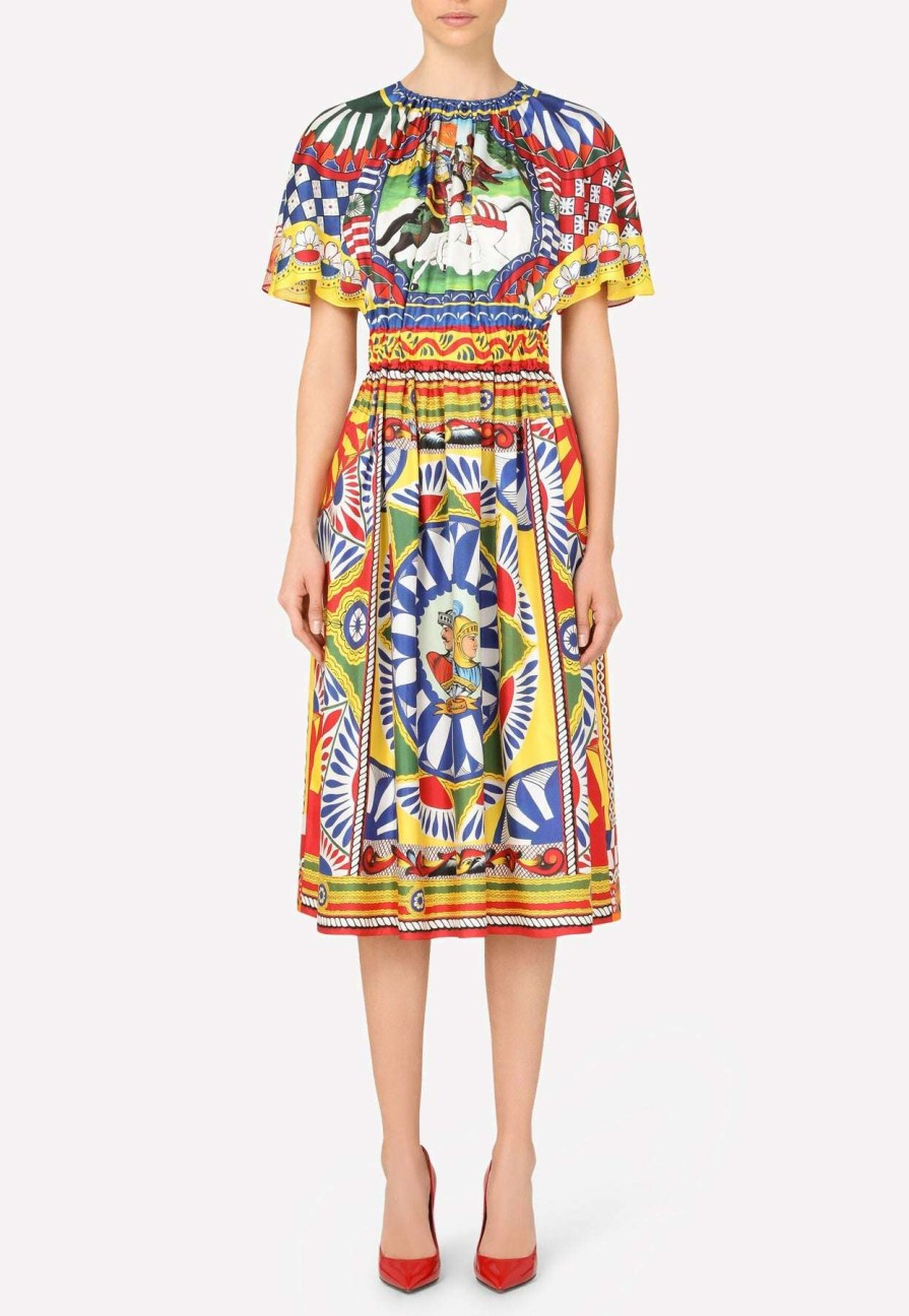 Dresses * | Dolce & Gabbana Carretto Print Ruffled Sleeve Silk Dress Multicolor