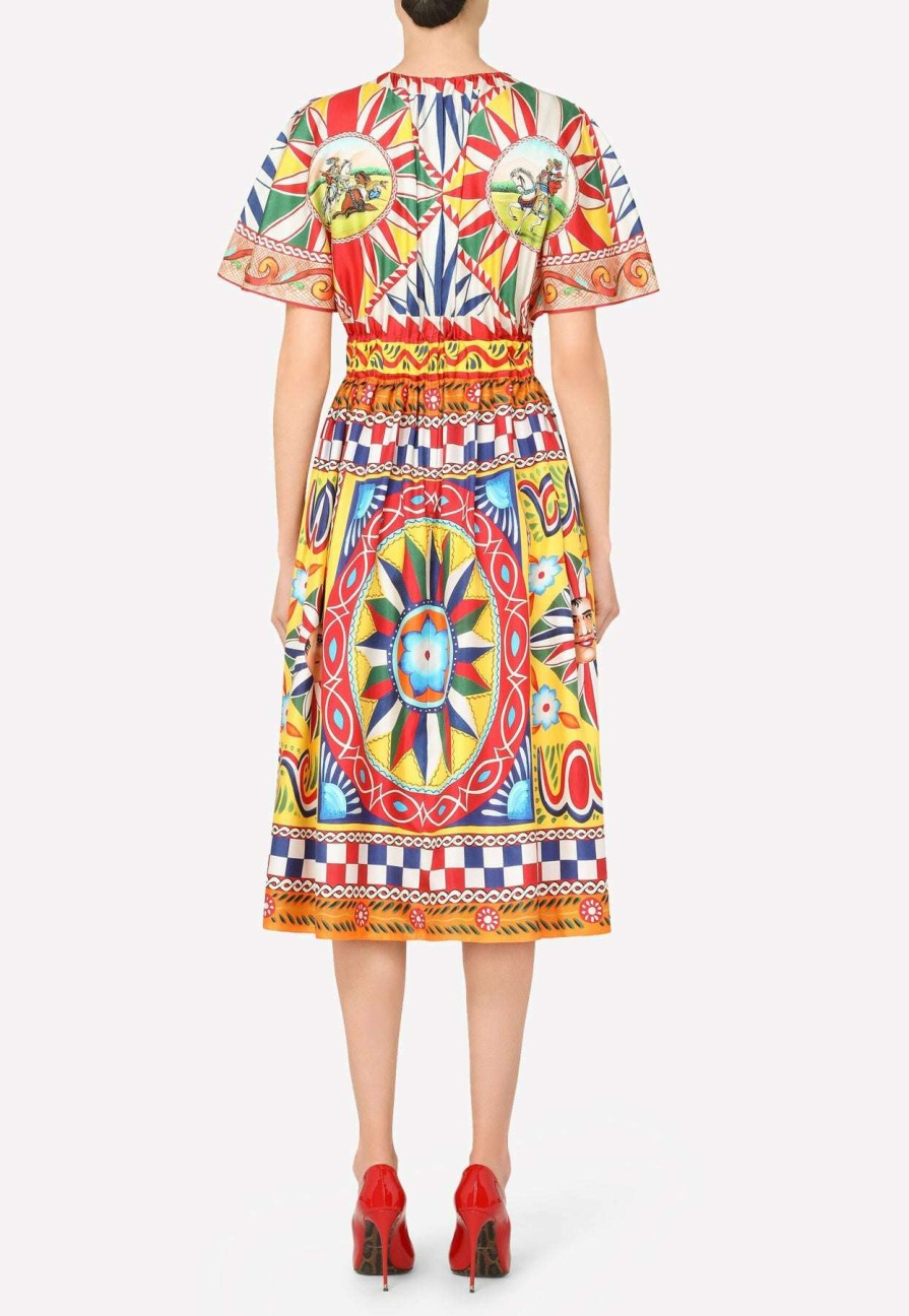 Dresses * | Dolce & Gabbana Carretto Print Ruffled Sleeve Silk Dress Multicolor