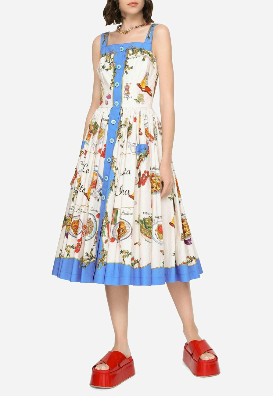 Dresses * | Dolce & Gabbana Pasta Print Pleated Midi Dress Multicolor