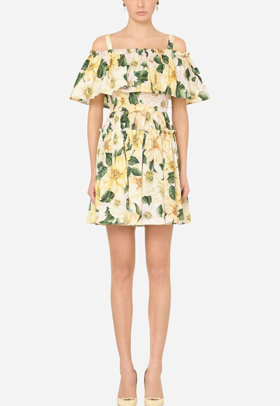 Dresses * | Dolce & Gabbana Off-Shoulder Camellia Print Poplin Dress Yellow