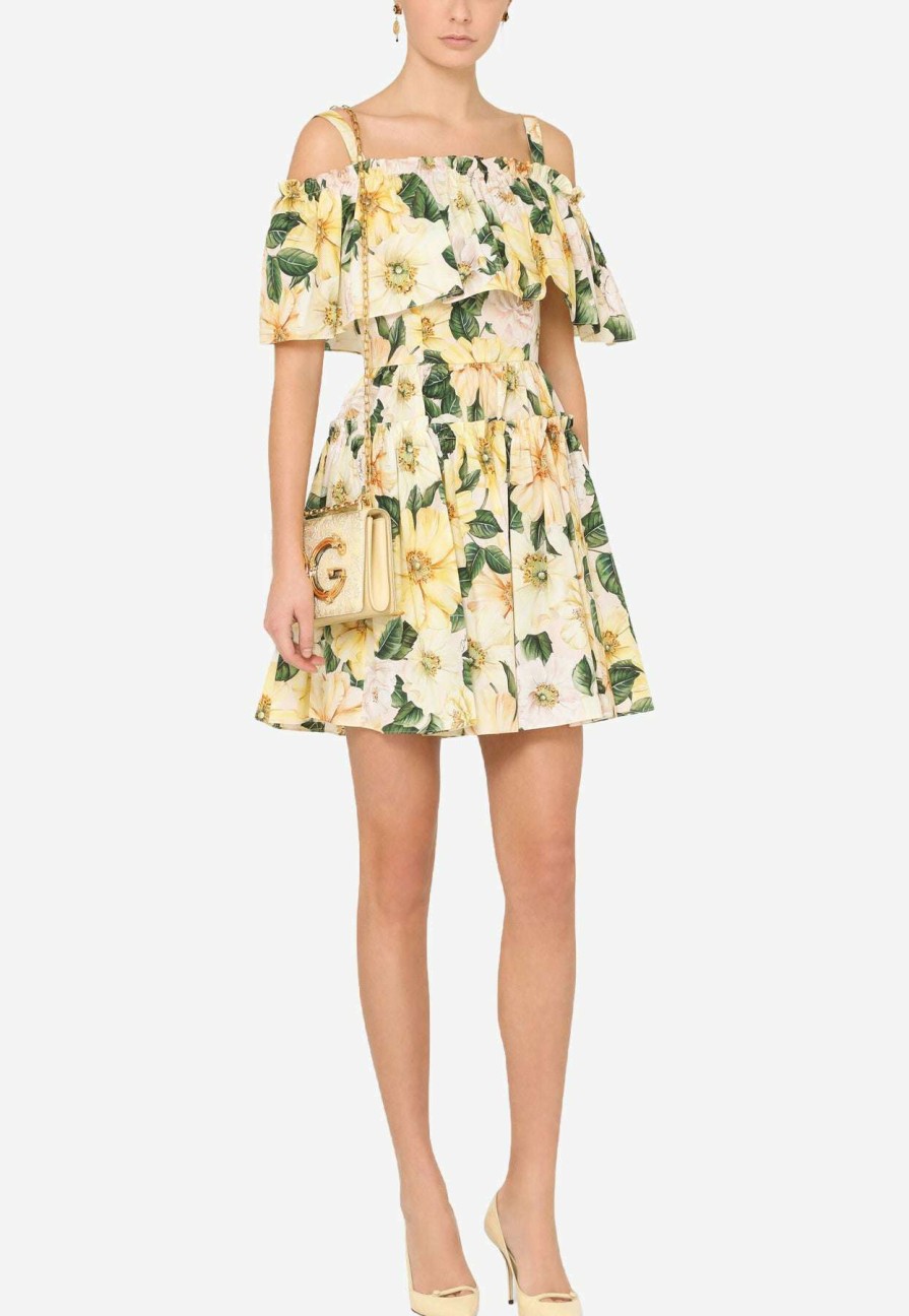 Dresses * | Dolce & Gabbana Off-Shoulder Camellia Print Poplin Dress Yellow