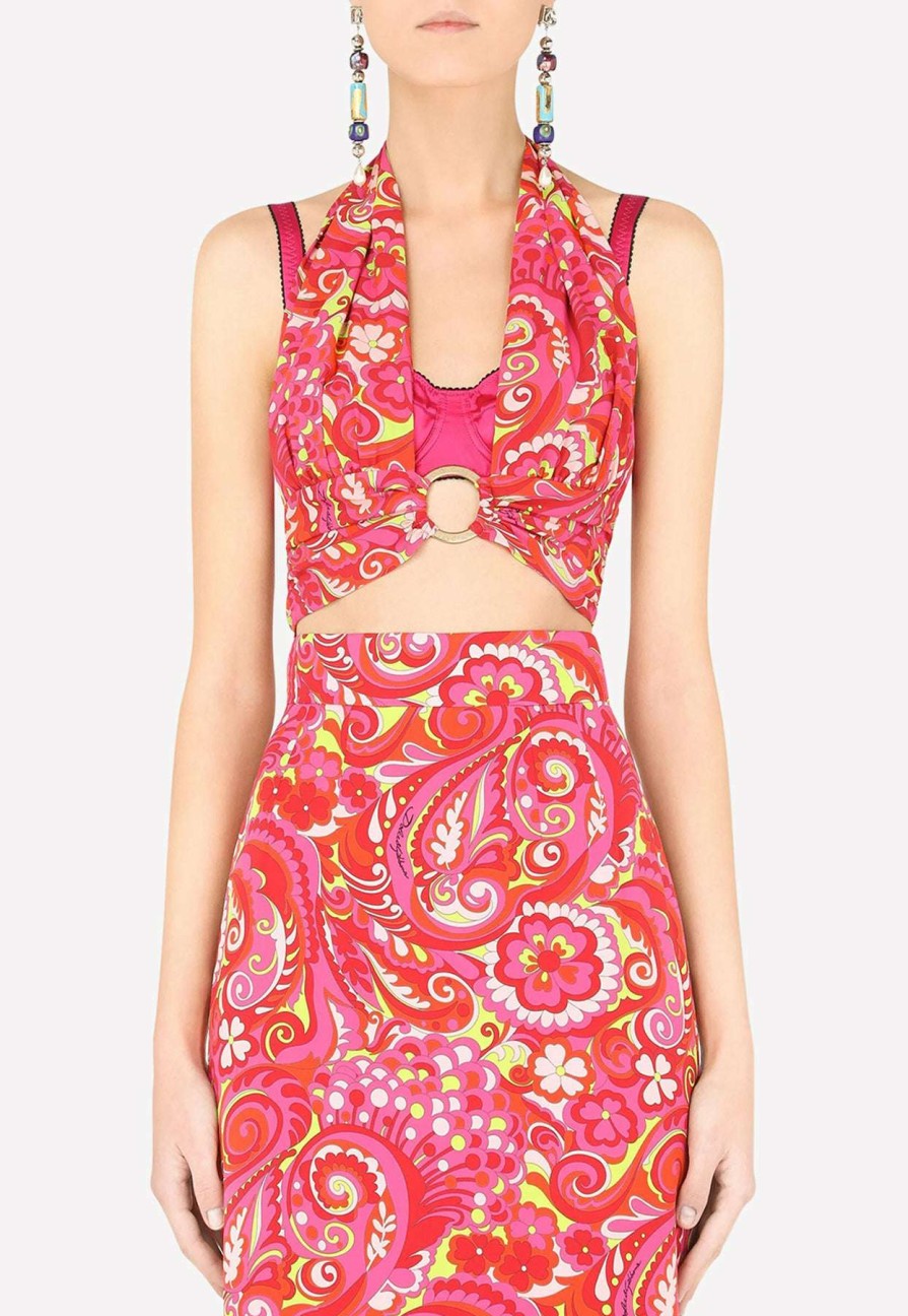 Evening * | Dolce & Gabbana 60S Print Cropped Top With Ring Detail Hot Pink