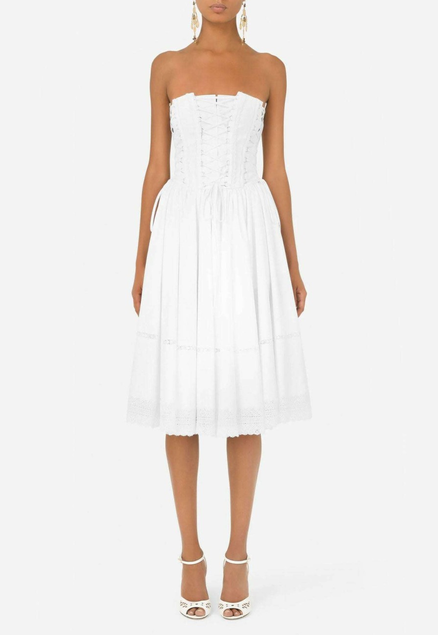 Evening * | Dolce & Gabbana Gabardine Bustier Strapless Midi Dress White