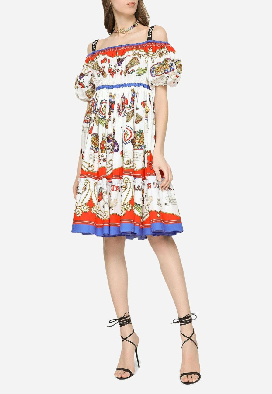 Dresses * | Dolce & Gabbana Pasta Print Off-Shoulder Poplin Dress Multicolor