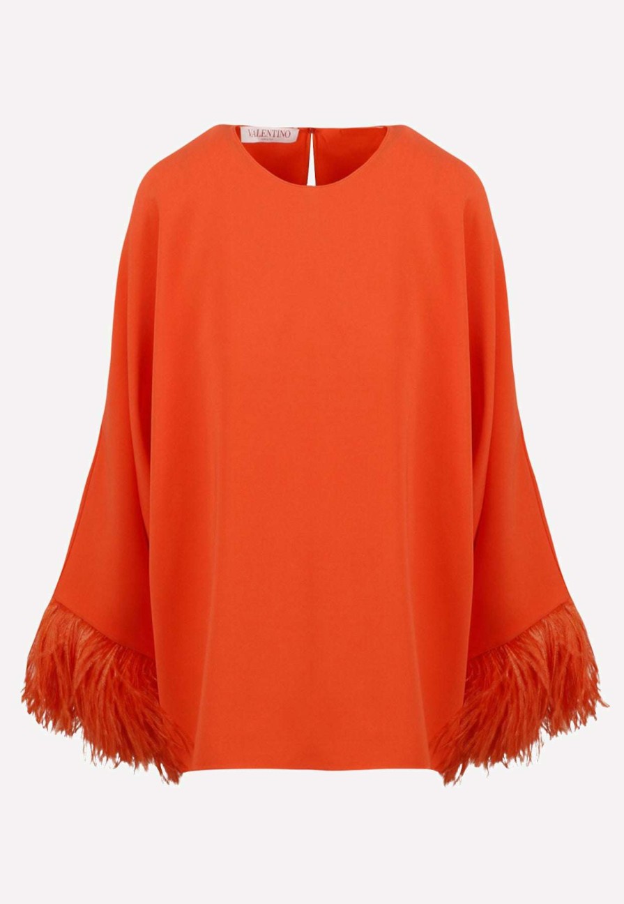 Evening * | Valentino Feather-Trimmed Cady Couture Top Orange