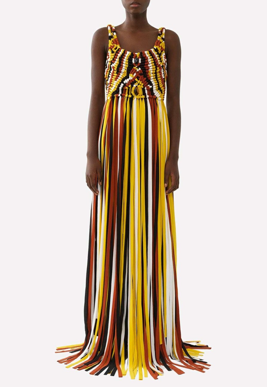 Dresses * | Chloe Crepe De Chine Macrame Long Sleeveless Fringed Dress Multicolor