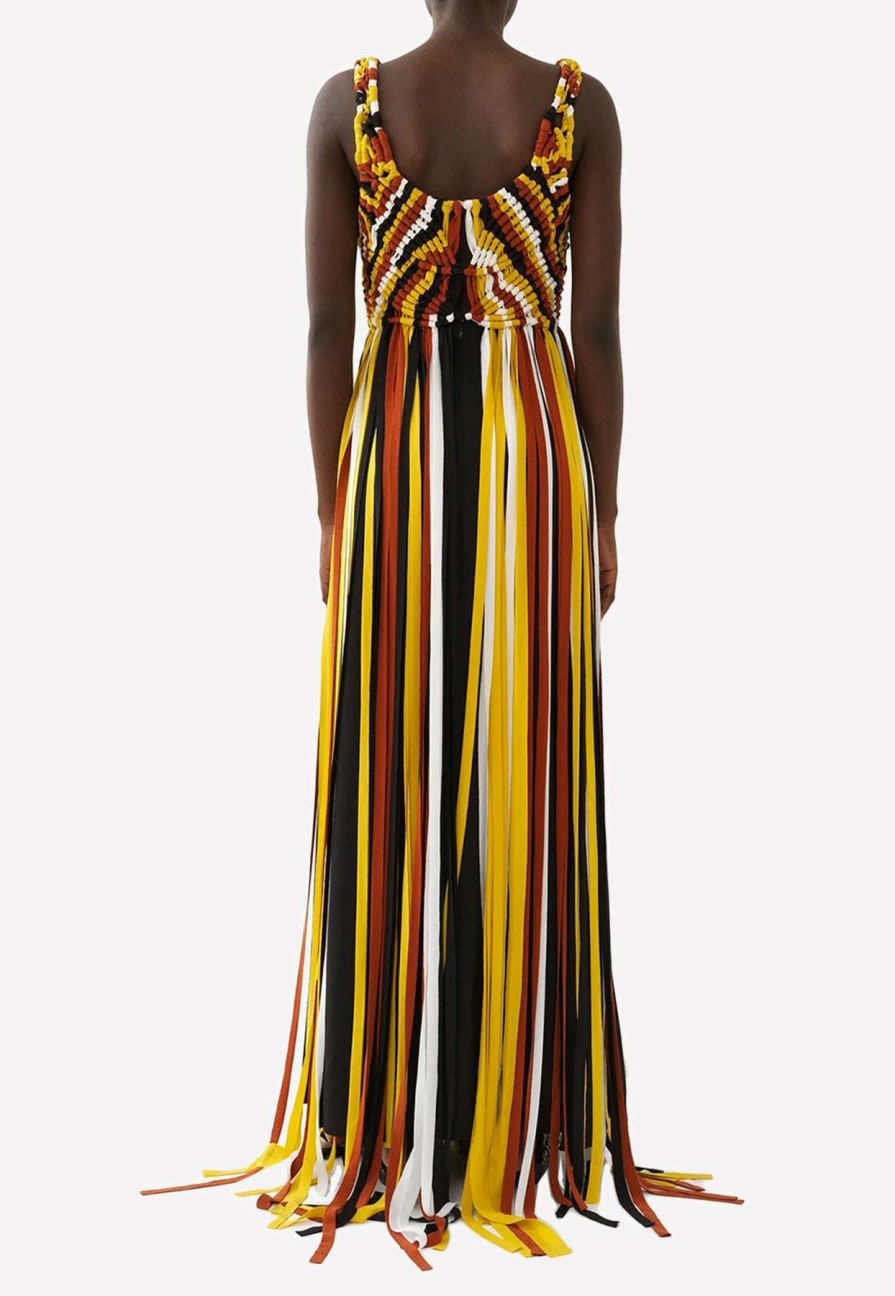 Dresses * | Chloe Crepe De Chine Macrame Long Sleeveless Fringed Dress Multicolor