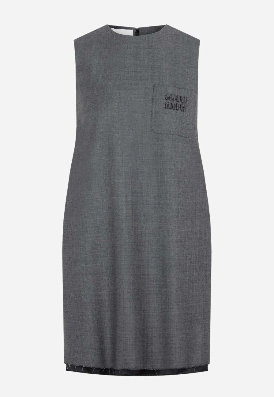 Dresses * | Miu Miu Logo Sleeveless Mini Dress In Wool Gray