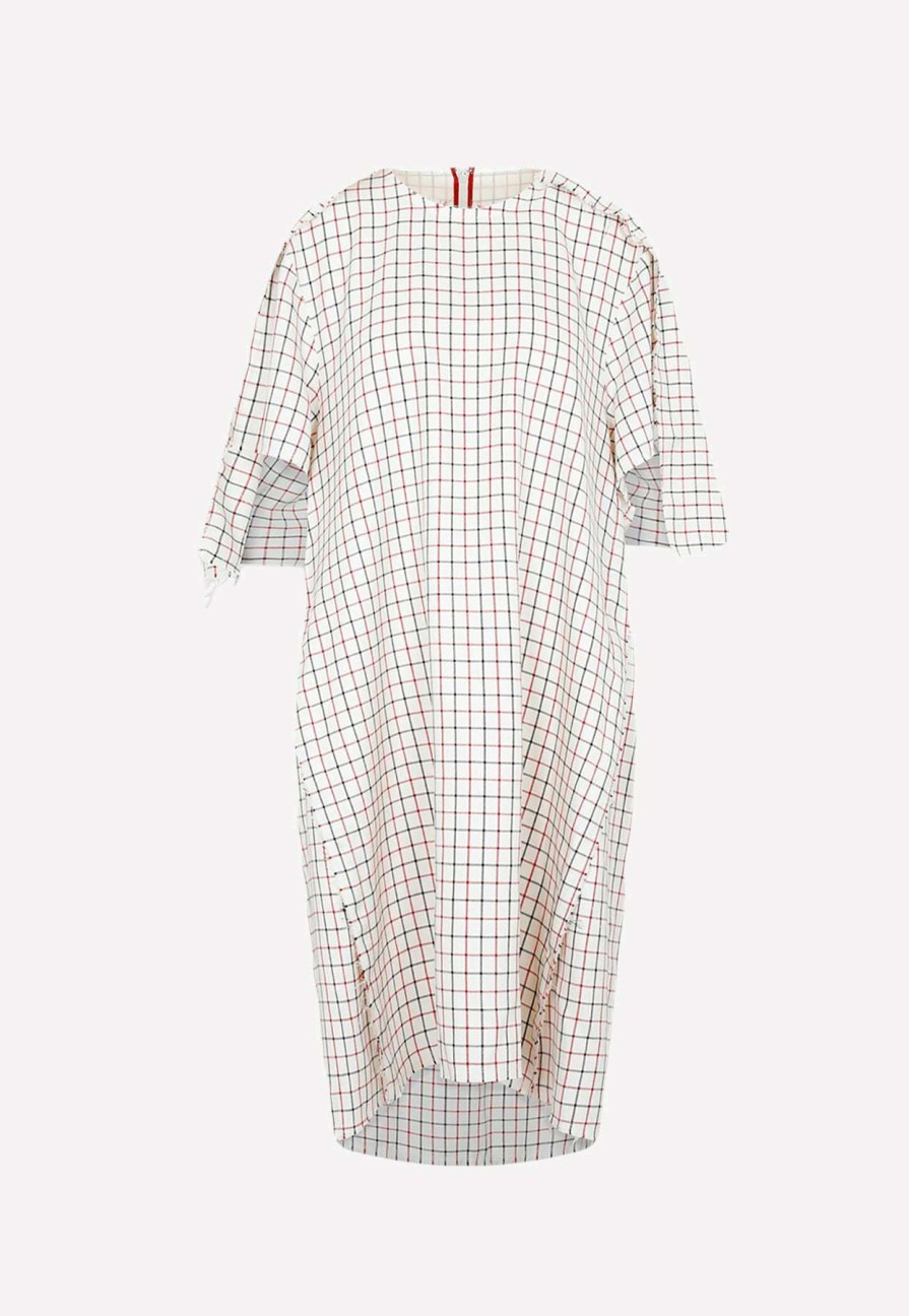 Dresses * | Maison Margiela Checked Midi Dress With Asymmetrical Sleeves Ecru