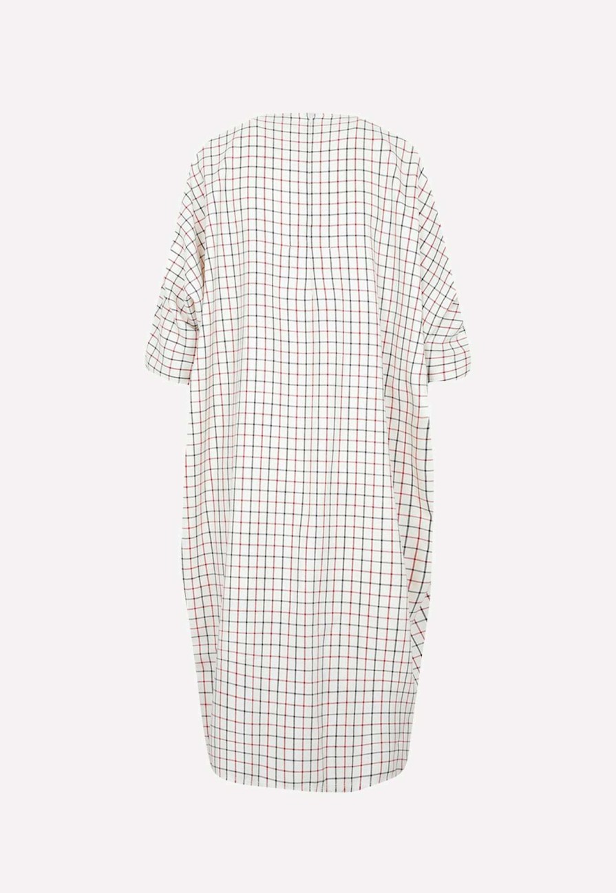 Dresses * | Maison Margiela Checked Midi Dress With Asymmetrical Sleeves Ecru